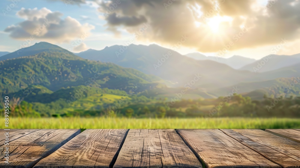 Poster wooden tabletop with a blurred background of mountains and grass fields concept of freshness and rel