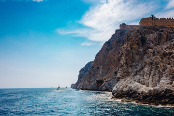 Panoramic view of blue sea and sky on Alanya coastline. Landscape view of Mediterranean coast, Alanya, Turkey. High quality photo