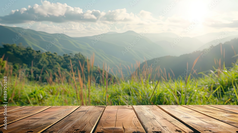 Poster wooden tabletop with a blurred background of mountains and grass fields concept of freshness and rel