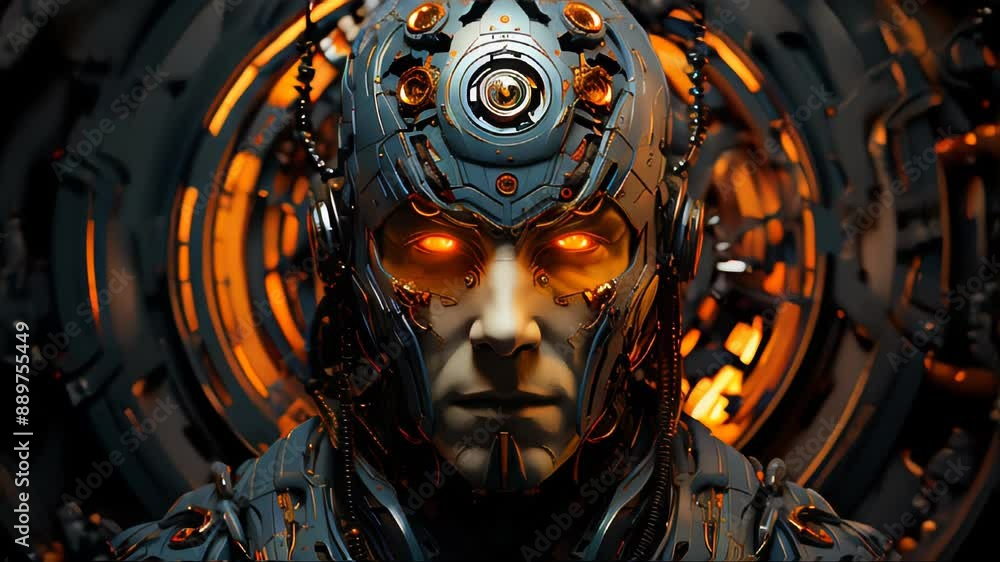 Poster face of a futuristic high-tech cyborg robot male. connecting man and computer with artificial intell