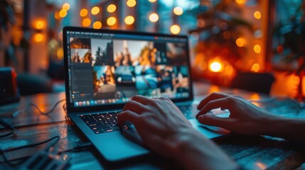 A person using a laptop in a warmly lit room, with multiple images displayed on the screen, indicating photo editing or creative design work