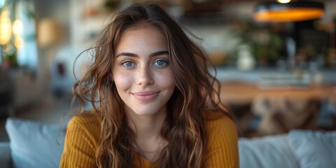 Young woman with long wavy hair smiling in a cozy living room with soft lighting and warm decor