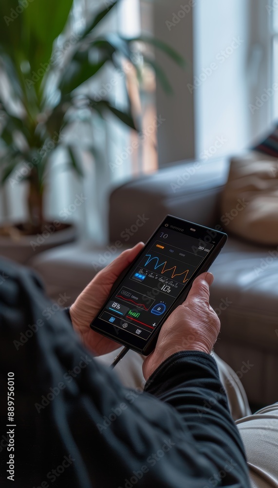 Poster real-time glucose monitoring device in use within a sophisticated modern living room setting