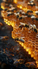 Close-up of bees on a honeycomb with golden honey, perfect for themes related to nature, beekeeping, and honey production.