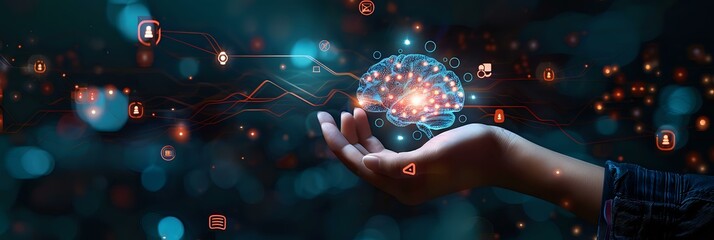 Hand holding a glowing digital brain, suitable for themes related to technology, artificial intelligence, and innovation.
