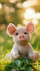  Plush pig toy in grass with sunlight and bokeh background, perfect for children's products and advertising
