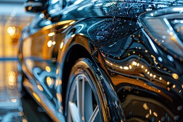 Close-up photo of a black car. This image can be used for automotive advertising or car detailing promotion.
