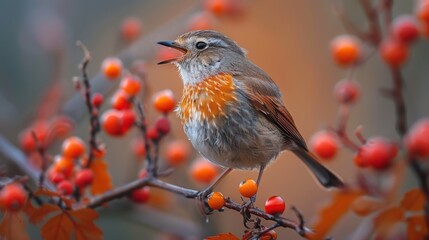 A beautifully detailed image of a small bird perched on a branch adorned with vivid red berries, showcasing its colorful plumage against a softly blurred natural background