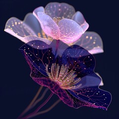 Flowers made of holographic light, floating in a futuristic virtual space, creating a sense of digital beauty, Futuristic, Digital Art, Soft Glow