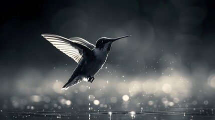 Fototapeta premium A black and white photo of a hummingbird flying with misty and dreamy background