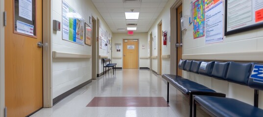 Informative Community Bulletin Board in a Public Building Hallway for Health and Safety Announcements