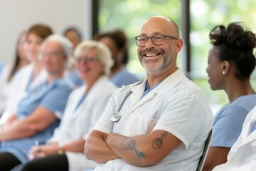 Fototapeta premium Smiling Doctor in Medical Seminar with Colleagues