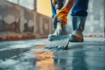 Construction worker spreading concrete. This photo shows a worker smoothing out wet concrete.