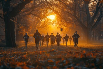 Runners Race Through Autumn Forest At Sunrise