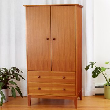 Vintage Teak Armoire. Mid-Century Modern Furniture. Interior scene with large houseplants and luxurious white curtain. Stop motion moving image clip mp4.	