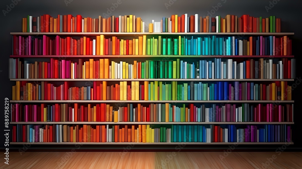 Poster bookshelf with color-coded books arranged in a gradient, perfect for educational content, libraries,