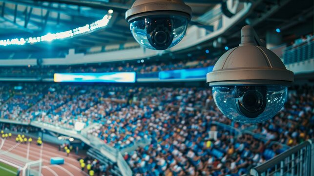 Surveillance Cameras Monitoring a Crowded Sports Stadium for Safety and Order