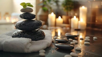 A stack of black stones and a white towel are on a table. The stones are arranged in a pyramid shape, and the towel is placed underneath them. The scene has a calming and relaxing atmosphere