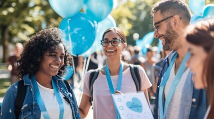 Diverse Group Promoting Diabetes Awareness with Blue Ribbons and Informational Posters in a Public Park