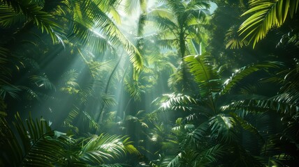 A lush green jungle with sunlight shining through the trees