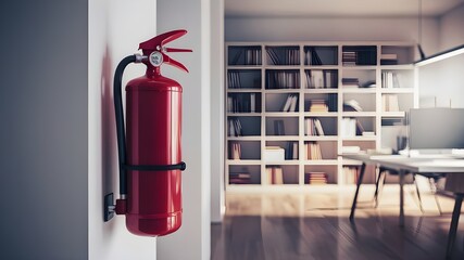 Office space with a bright red fire extinguisher prominently mounted on the wall, fire, safety, emergency, risk management.
