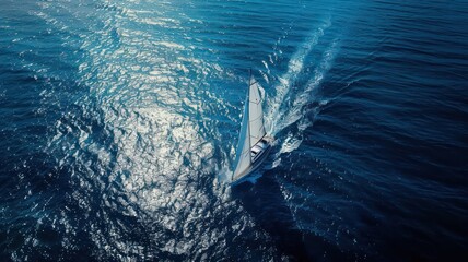Obraz premium A sailboat is sailing in the ocean with the sun shining on the water. The boat is moving through the water, creating ripples and waves. The scene is peaceful and serene