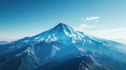 A mountain range with a snow covered peak in the distance. The sky is clear and blue, and the mountains are covered in snow. The scene is peaceful and serene