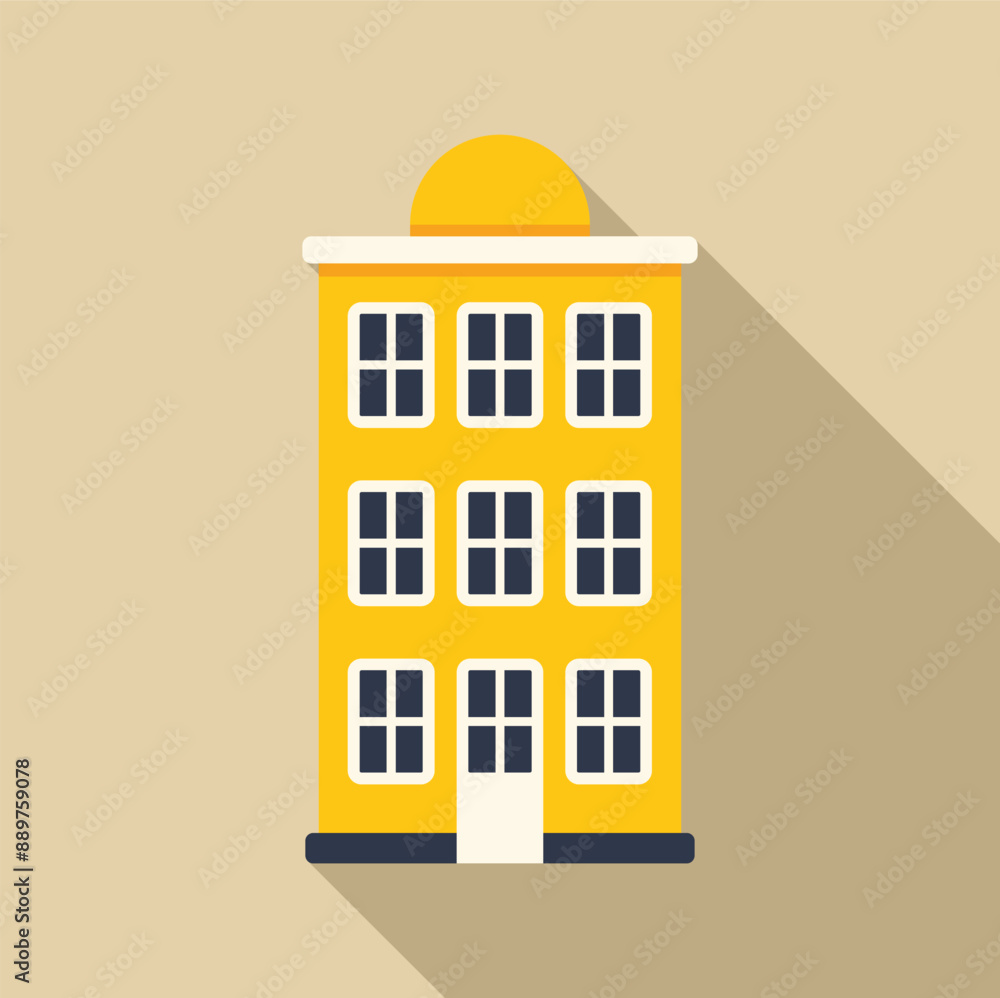 Poster yellow three story apartment building with multiple windows and a single door is casting a long shad