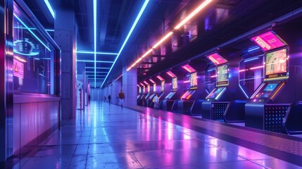 Futuristic Neon-Lit Metro Station at Night Featuring Advanced Technology and Holographic Displays