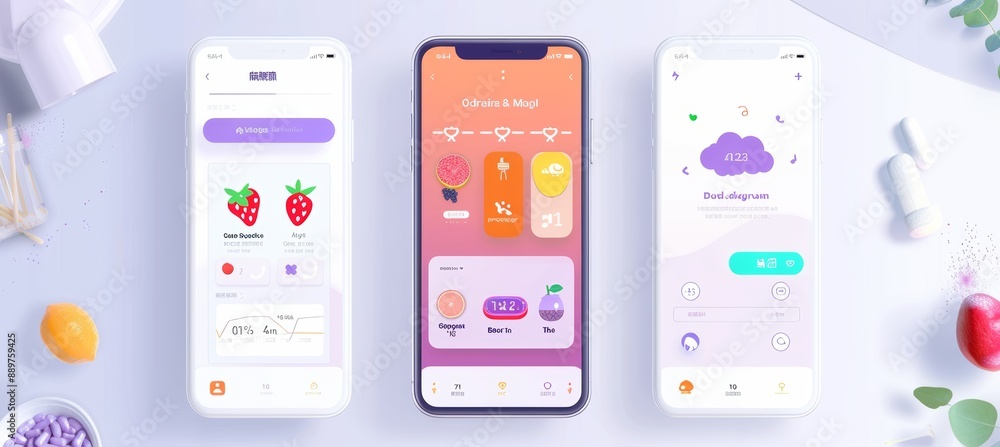 Poster modern healthcare app interface for diet and exercise tracking on smartphone in bright kitchen setti