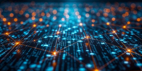 Abstract digital network with glowing blue and orange nodes and connections