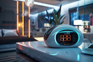 High-Tech Bedroom Decor Featuring Futuristic Alarm Clock with Holographic Display