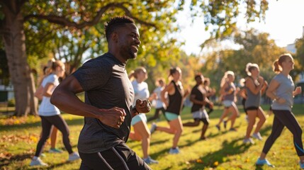 Outdoor Exercise Class for Diabetes Prevention with Fitness Instructor in Sunny Park Setting