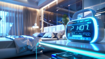 Futuristic Smart Bedroom with Holographic Digital Alarm Clock and Modern High-Tech Features