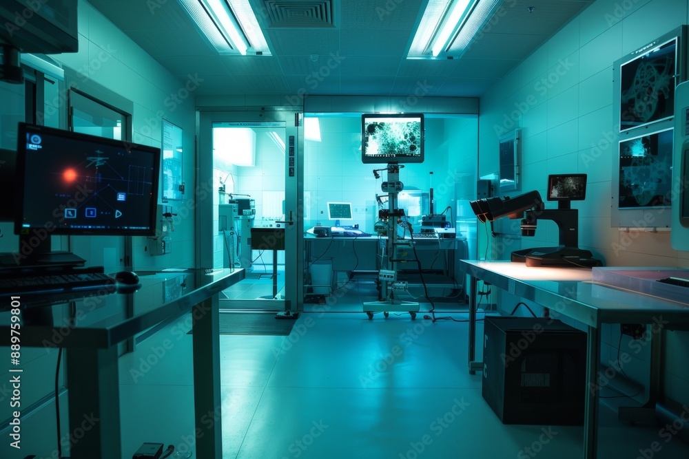 Poster high-tech research lab with surveillance for security and experiment monitoring - modern science fac