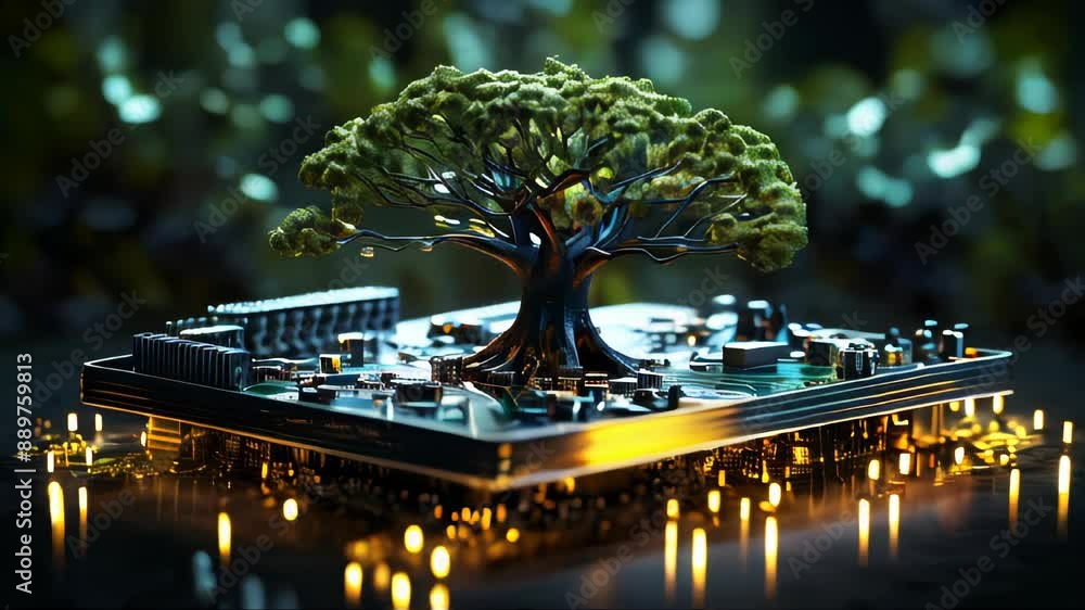 Poster green natural eco-friendly tree and computer technology on an abstract high-tech futuristic backgrou