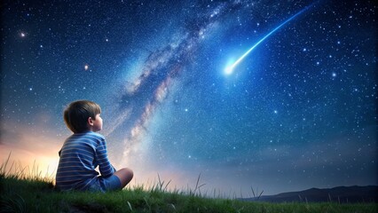 Little boy sitting on the ground gazing at the night sky with a shooting star , Child, boy, sitting, ground, watching