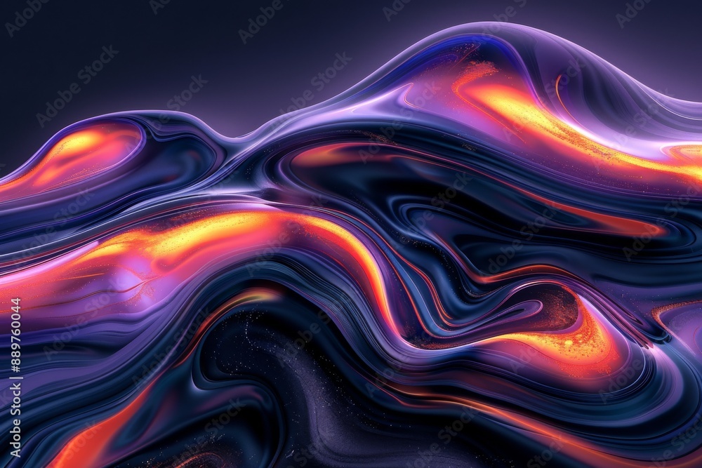 Poster dynamic and vibrant abstract painting with dark background and swirling lines of orange red and yell