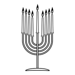 Menorah vector black and white image, happy hanukkah judaism religious holiday hebrew celebration, candelabrum with candles. Hebrew lampstand isolated on white background. Jewish holiday. 