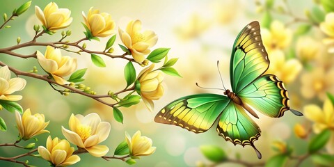 Green butterfly with golden magnolia flowers freehand for printing on T-shirts, notepads, and...