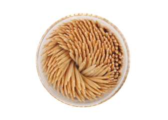 Holder with wooden toothpicks isolated on white, top view	