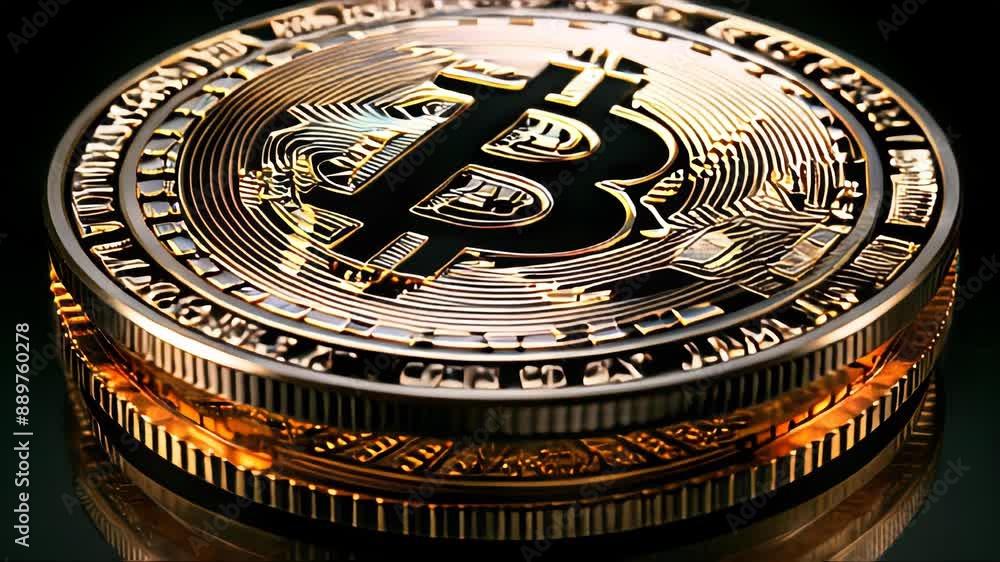 Poster bitcoin cryptocurrency gold coin on a computer chip for mining