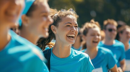 Friends Enjoying Fun Run for Diabetes Prevention in Matching Blue T-Shirts