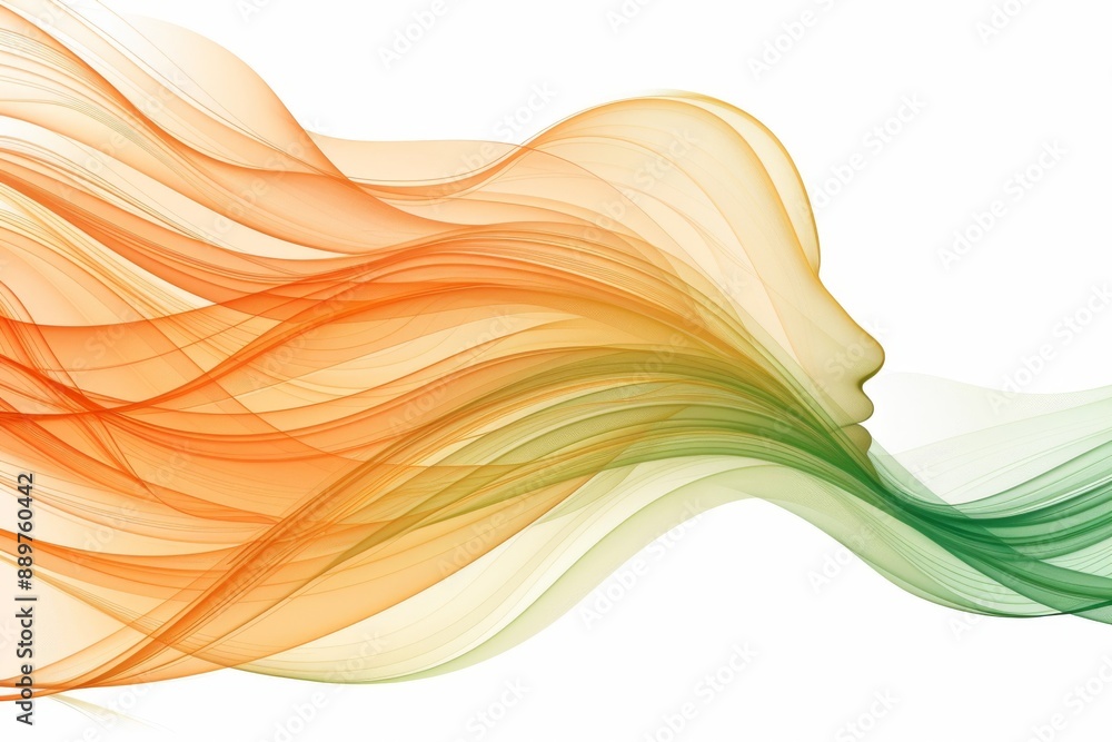 Poster elegant abstract design with flowing orange and green lines on a white background creating a sense o