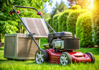 Fototapeta premium Well-maintained lawn mower with sharp blades, clean air filter, and filled gas tank, ready to tackle the new gardening season with peak performance and efficiency.