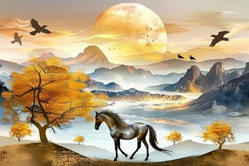3D mural wallpaper suitable for frame canvas print . horse and golden trees with colored mountains . golden sun and birds with modern background, Generative AI
