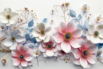 3d mural illustration flowers white background , wallpaper, Generative AI
