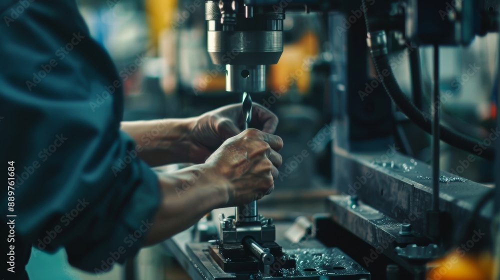 Poster machinist precisely aligning workpiece on drill press in organized workshop environment