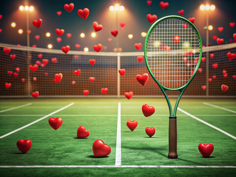 Empty tennis court with racket and balls, copy space, celebrating 8 March or Valentine's Day, perfect for birthday party invitations and sports event promotional materials.