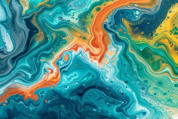 Obraz premium Vibrant and dynamic abstract painting with swirling green and orange hues creating a lively and energetic visual composition